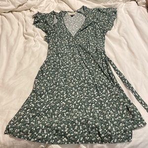 Green floral, mini wrap dress